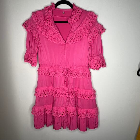 CeliaB Hot Pink Eyelet Ruffle Mini Dress Size Medium - Picture 5 of 12